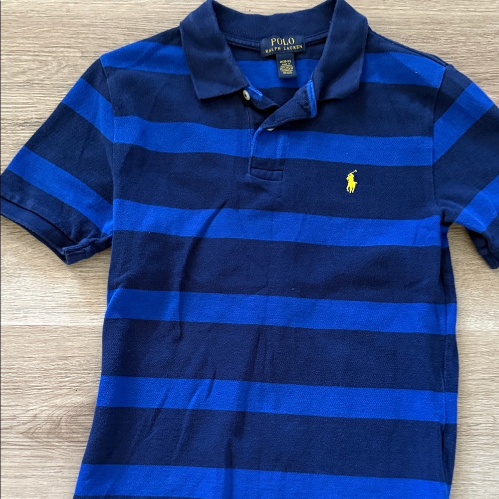 Polo by Ralph Lauren Boys Navy and Royal Blue Striped Polo with Yellow Pony